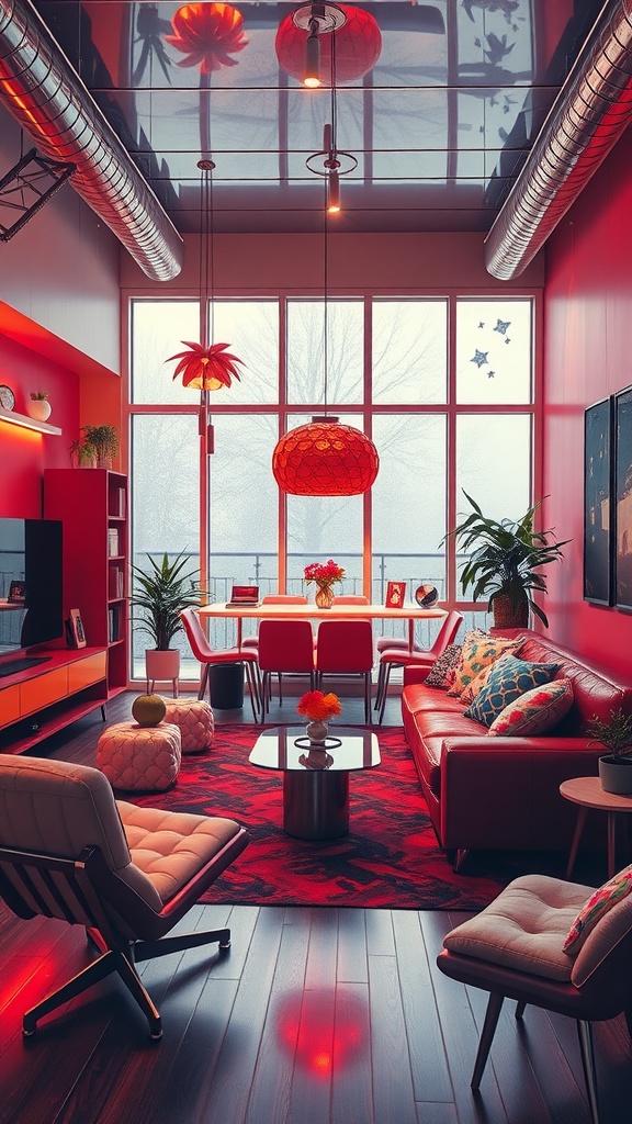 A retro futuristic living space with red decor, sleek furniture, and vibrant lighting.