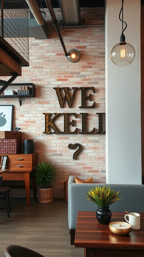 An industrial loft with rustic metal accents, featuring a brick wall, wooden furniture, and plants.