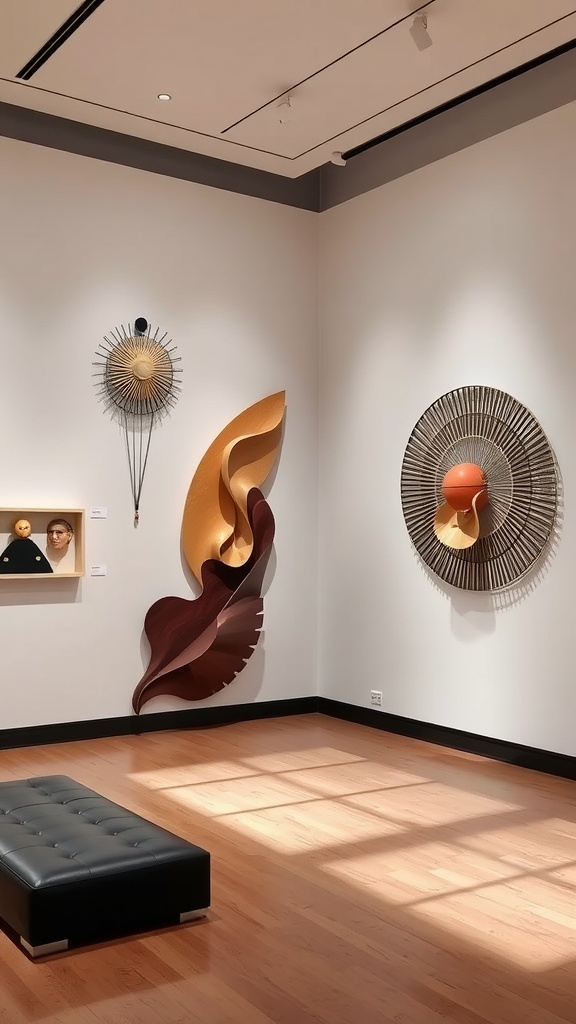 A gallery wall featuring sculptural wall hangings in various designs and colors.
