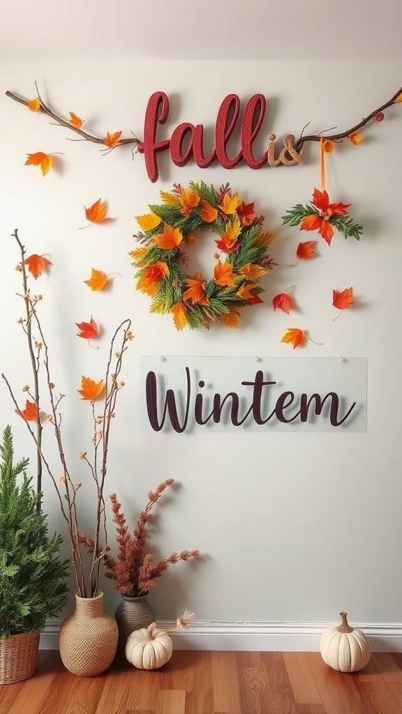 A beautifully decorated wall for fall with autumn leaves, a wreath, and pumpkins.