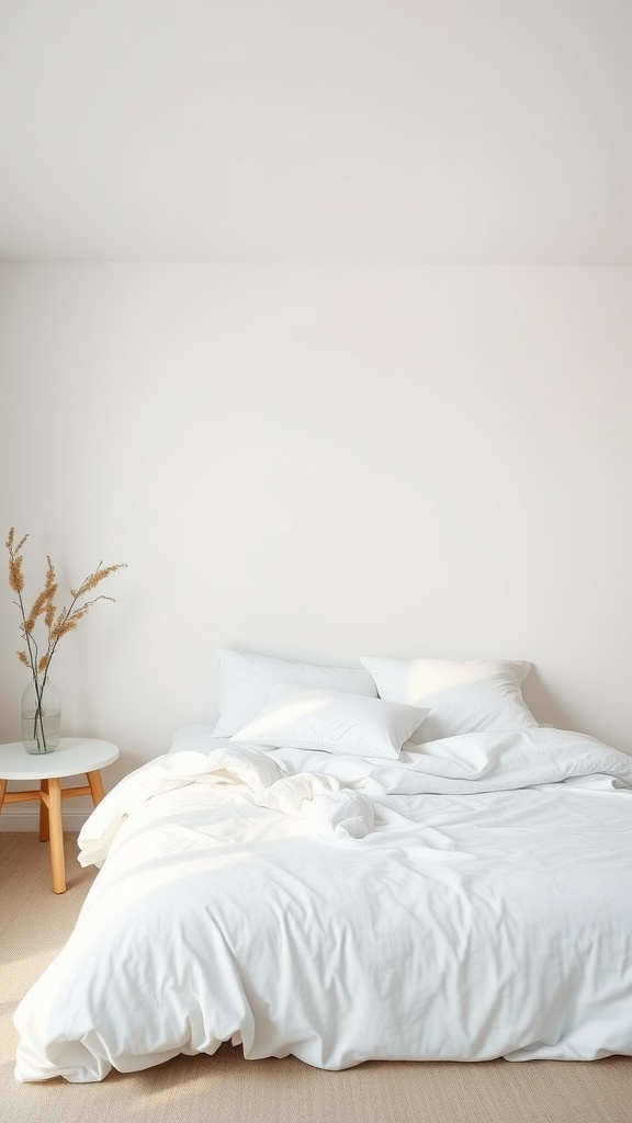 Minimalist bedroom with simple white bedding and a small table with dried flowers.