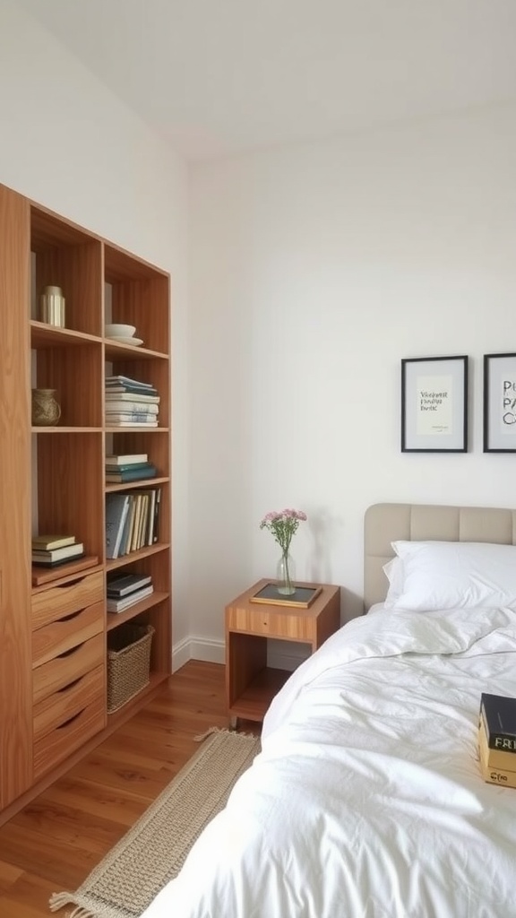 A minimalist bedroom featuring a wooden bookshelf and a bedside table with flowers.