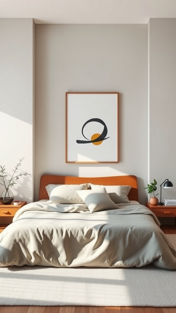 Minimalist bedroom with simple wall art featuring black and yellow design