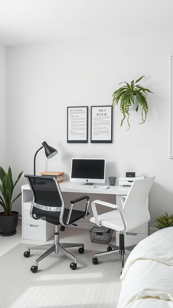 Minimalist desk area in a bedroom with a white desk, two chairs, and a hanging plant.