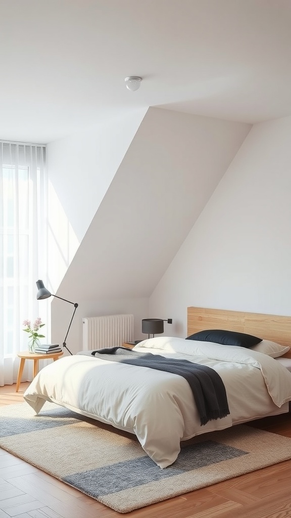 A minimalist bedroom with sloped ceilings, soft bedding, and natural light.