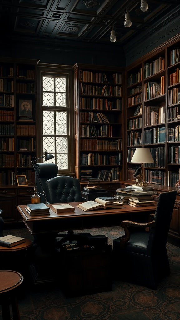 A sophisticated dark academia study featuring a wooden desk, leather chair, and bookshelves filled with vintage books.