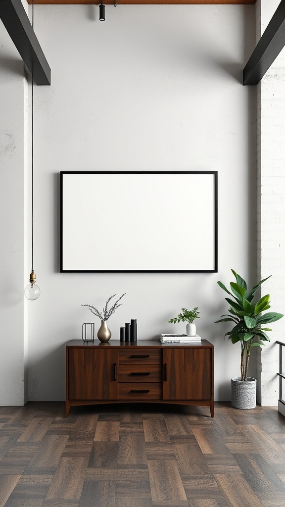 A minimalist industrial loft interior featuring a blank canvas on the wall, a wooden sideboard, and decorative plants.