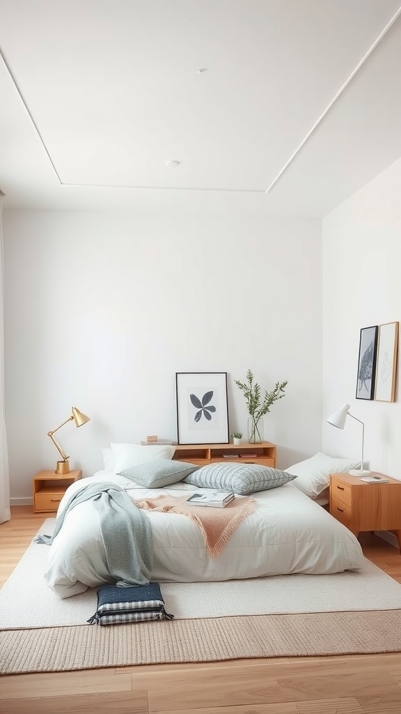 A minimalist bedroom featuring a bed with soft linens, wooden furniture, and decorative elements for strategic space division.