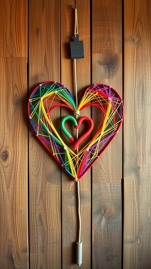 Colorful string art in the shape of a heart hanging on a wooden wall