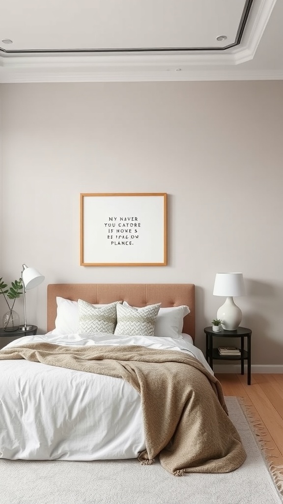 Cozy minimalist bedroom with subtle patterns in bedding and decor