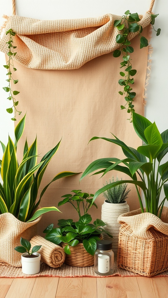 A collection of various houseplants in woven baskets, with a neutral fabric backdrop and natural flooring.