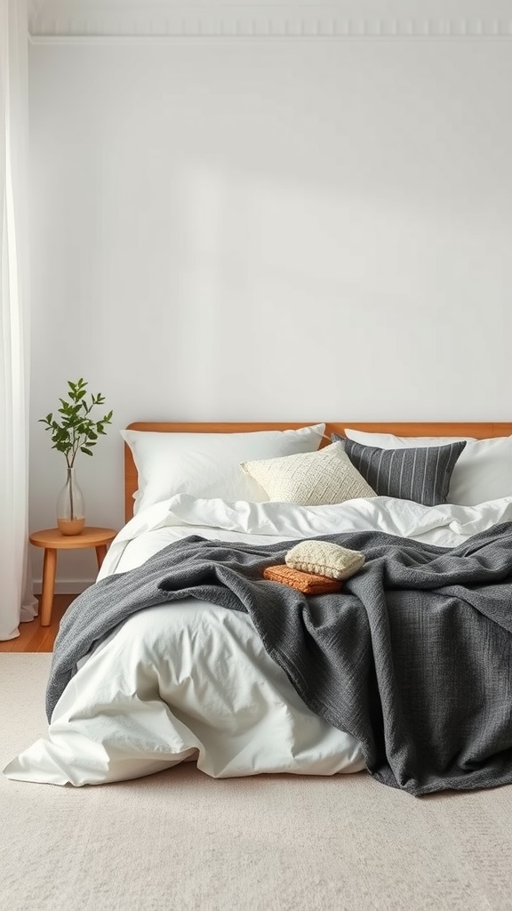 A cozy minimalist bedroom featuring a neatly made bed with various textured fabrics, including a gray blanket and decorative pillows, complemented by a small plant and wooden nightstand.