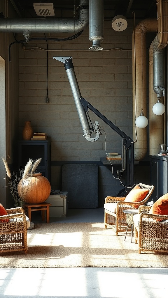 Cozy industrial loft with rattan chairs, textured fabrics, and warm lighting