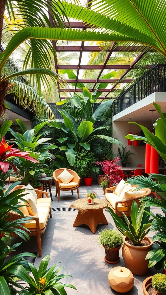 A lush tropical outdoor space featuring comfortable seating and vibrant plants.