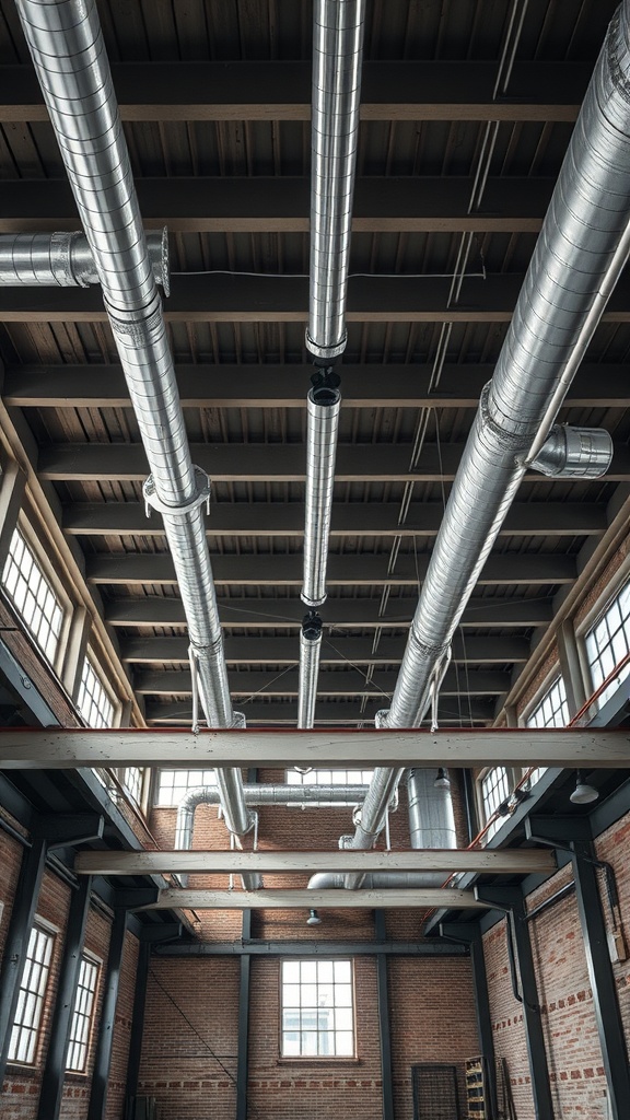 Exposed ceiling with metal ductwork and wooden beams in an industrial loft setting