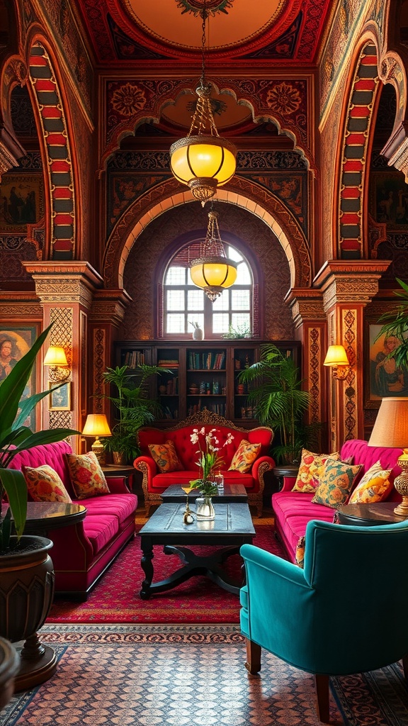 A cozy Moroccan lounge with red and teal sofas, intricate patterned walls, and a wooden coffee table adorned with flowers.