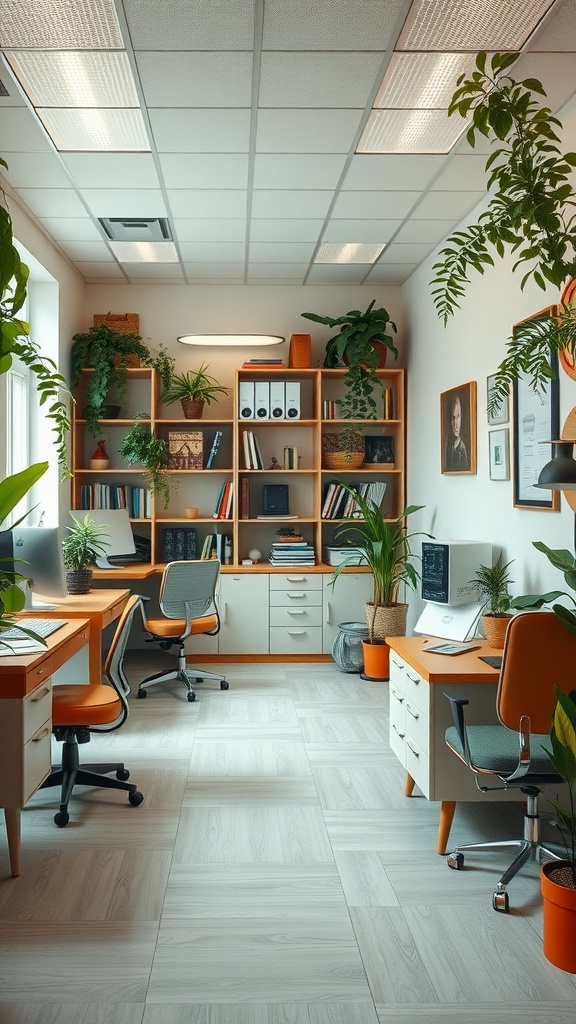 A vintage eclectic office space featuring warm furniture, plants, and organized workstations.