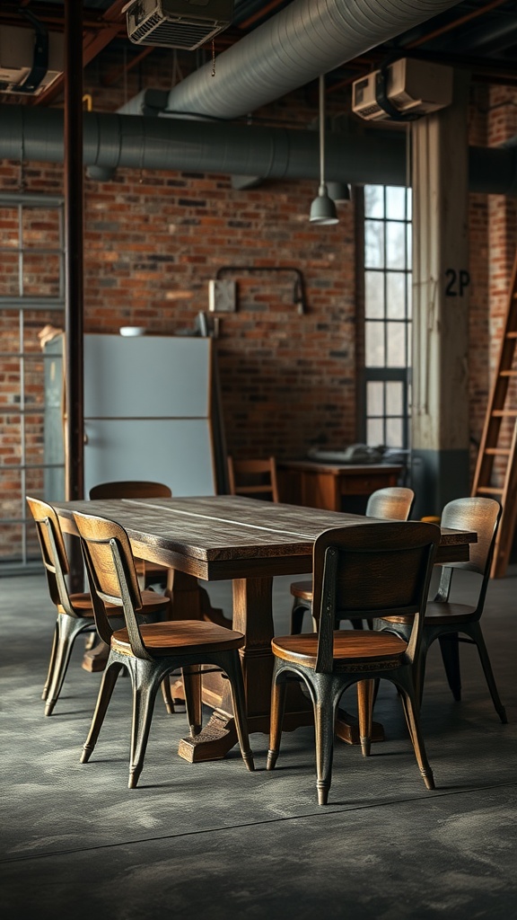 Dining area featuring a wooden table surrounded by vintage factory chairs in an industrial loft setting.
