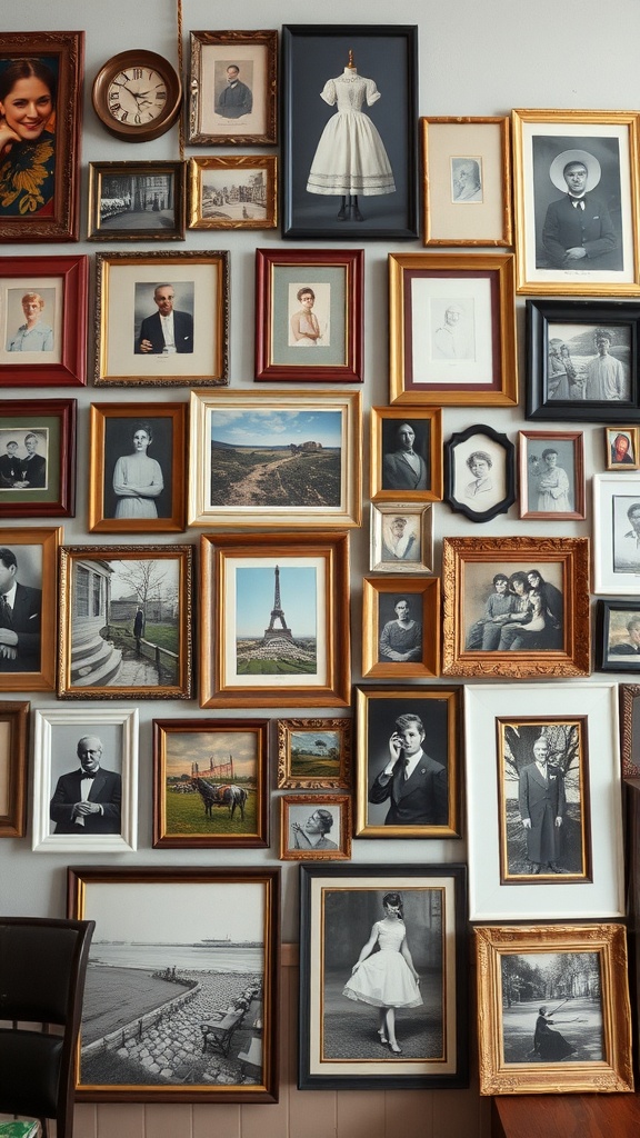 A gallery wall featuring assorted vintage frames with photographs and a clock.
