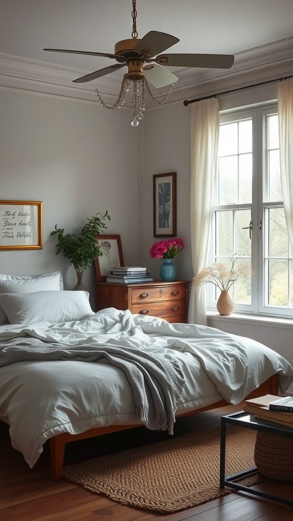 A minimalist bedroom with vintage elements, featuring a wooden nightstand, ceiling fan, potted plant, and layered bedding.