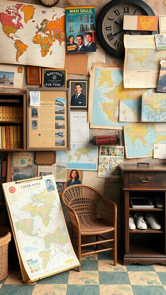 A cozy vintage decor featuring maps, photos, and a wooden chair