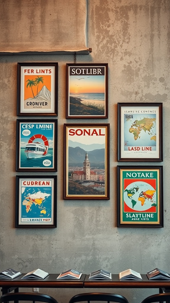A collection of vintage travel posters framed on a concrete wall, showcasing various destinations.
