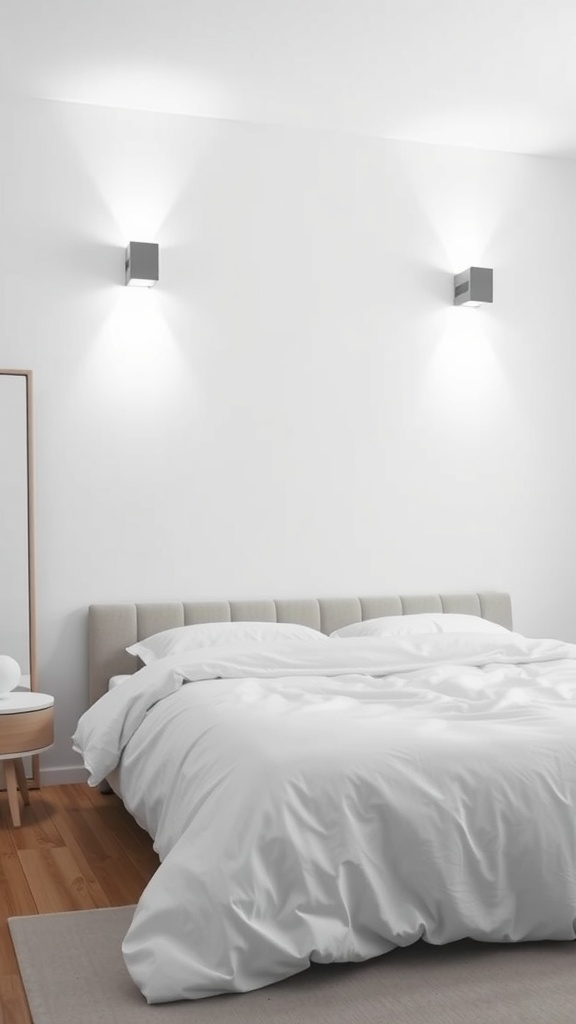 A minimalist bedroom featuring wall-mounted lighting above a bed with a neutral color scheme