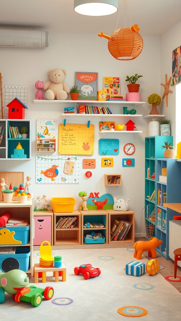 A colorful kids playroom filled with toys, books, and cheerful decor.