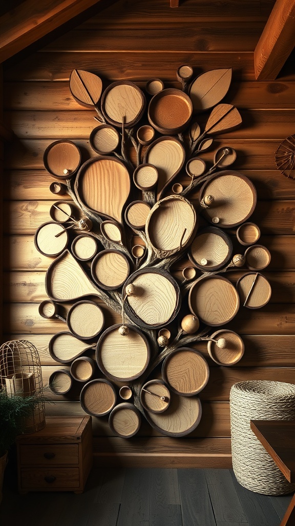 A wooden wall sculpture resembling a tree with circular wooden pieces and branches.