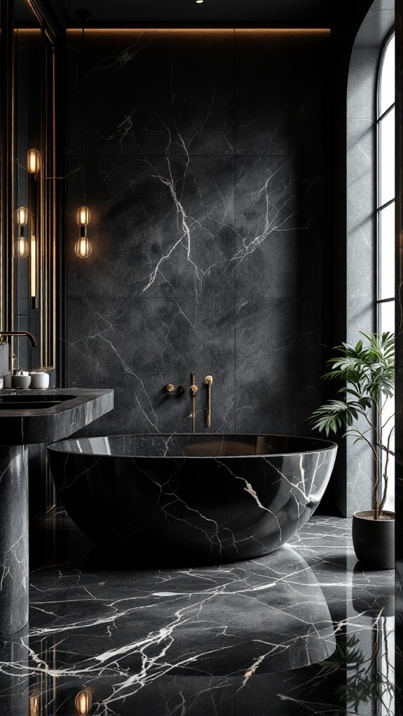 A luxurious black marble bathroom featuring a round bathtub, elegant lighting, and a potted plant.