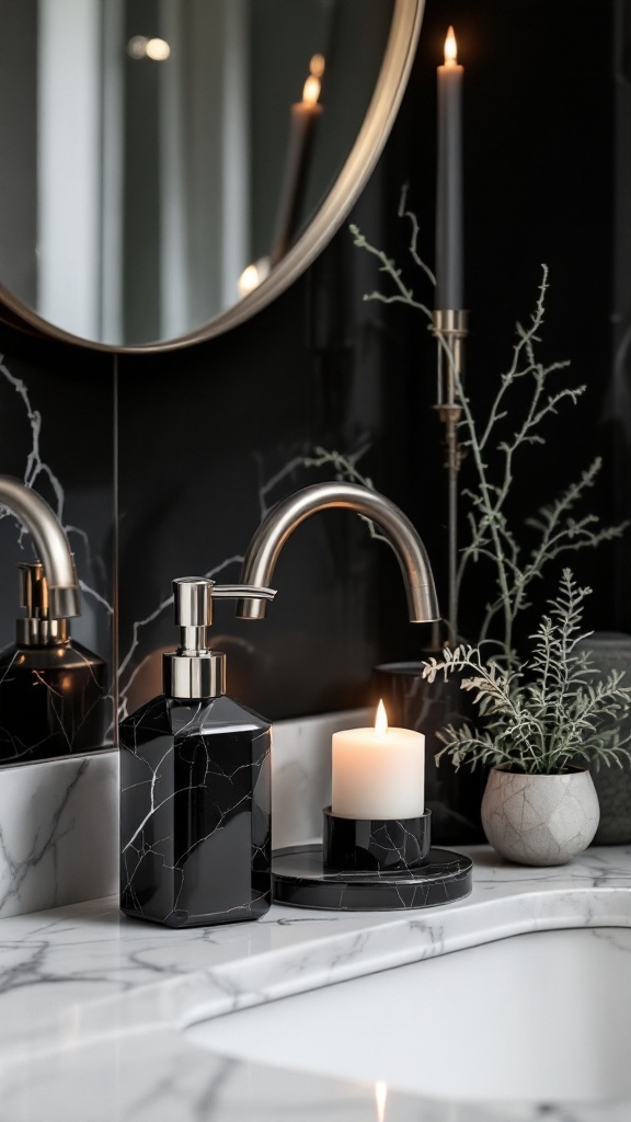 A stylish black marble bathroom with a mirror, soap dispenser, candle, and plants.