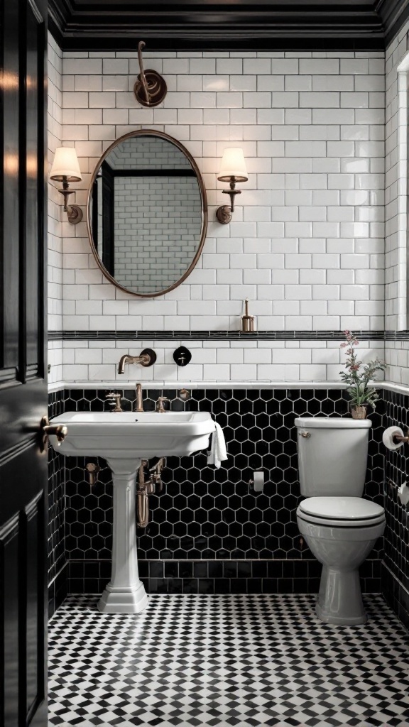A stylish black and white tile bathroom featuring vintage fixtures and modern design elements.