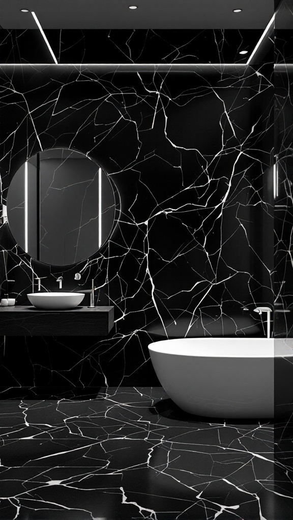 A modern bathroom featuring black marble walls and floor with white fixtures.