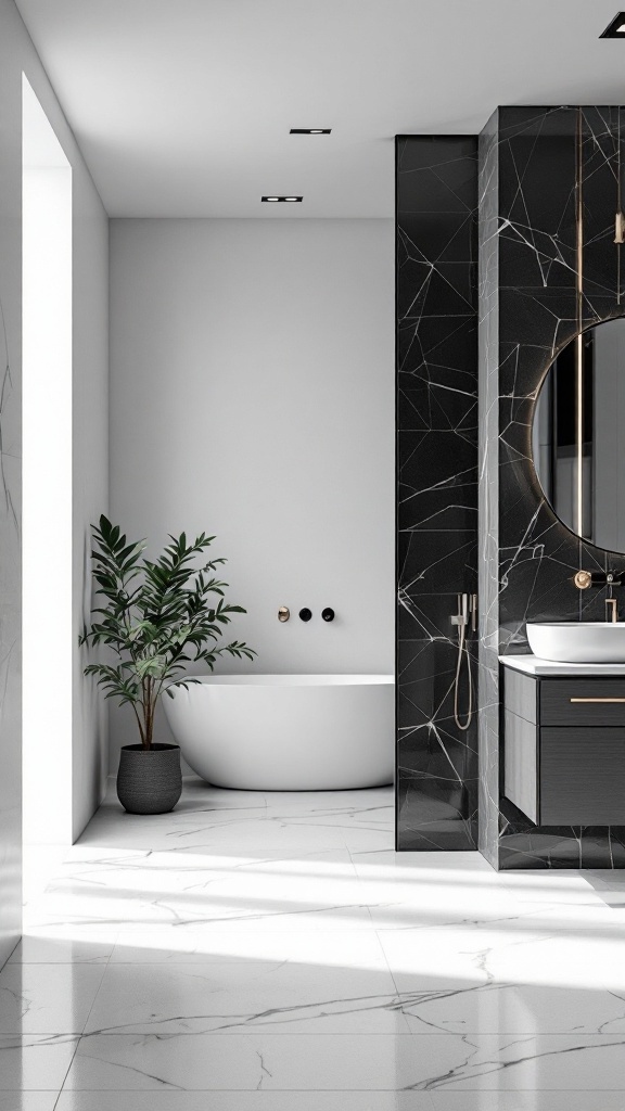 A modern black and white tile bathroom with a freestanding tub and a plant