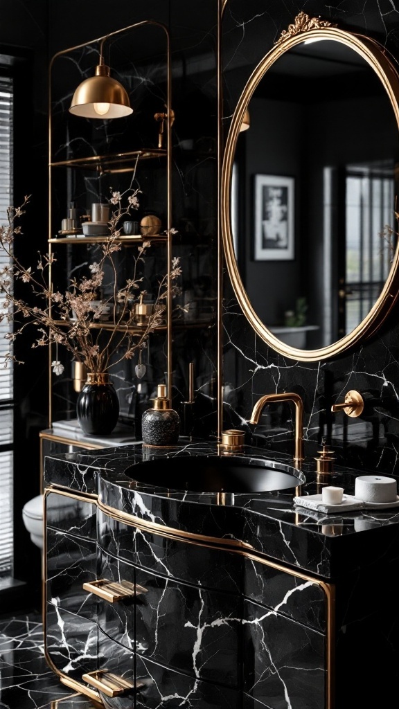 Stylish black marble bathroom vanity with gold accents, circular mirror, and decorative elements.