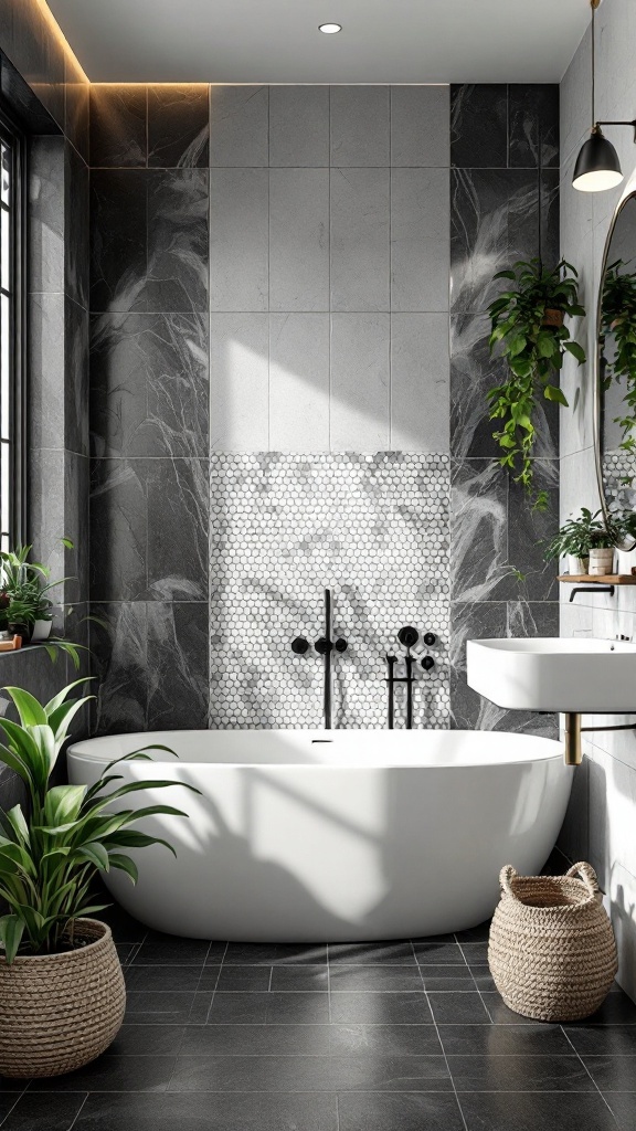 A black and white tile bathroom featuring a freestanding bathtub, plants, and modern fixtures.