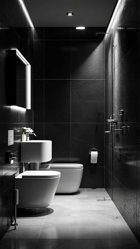 A modern black and white tiled bathroom with soft lighting