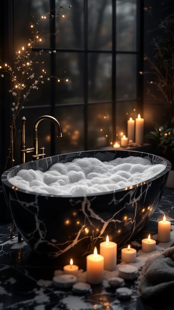 A luxurious black marble bathroom featuring a bathtub filled with bubbles, surrounded by candles and soft lighting.