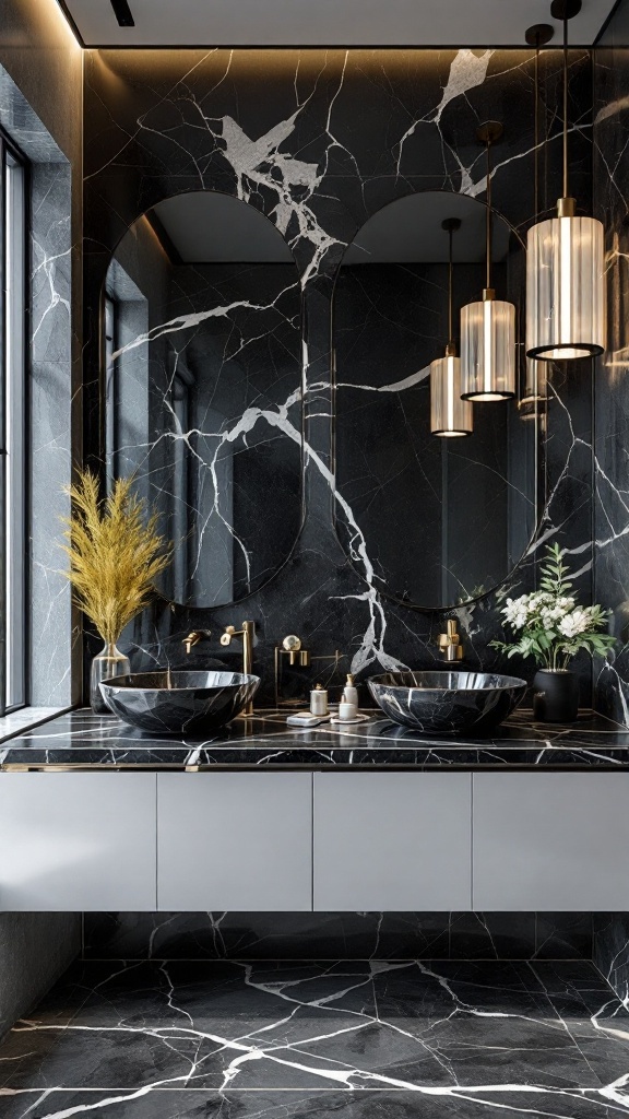 A modern black marble bathroom featuring elegant fixtures and decor.