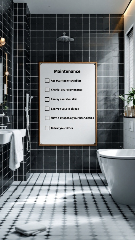 A modern black and white tiled bathroom with a maintenance checklist displayed on the wall.