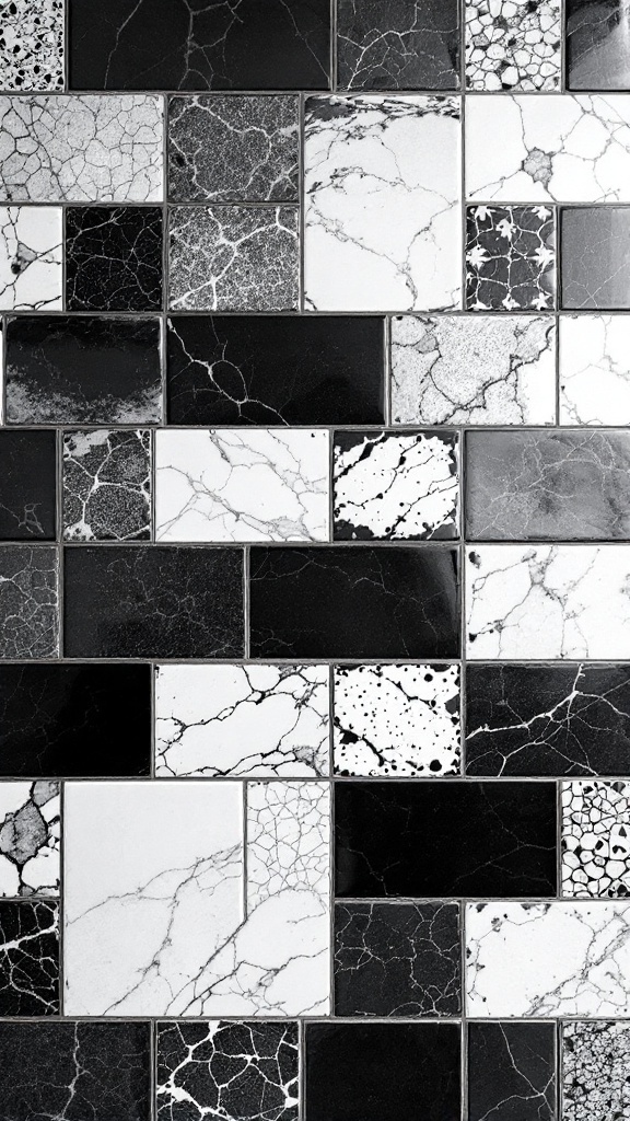 Black and white patterned tiles in a bathroom