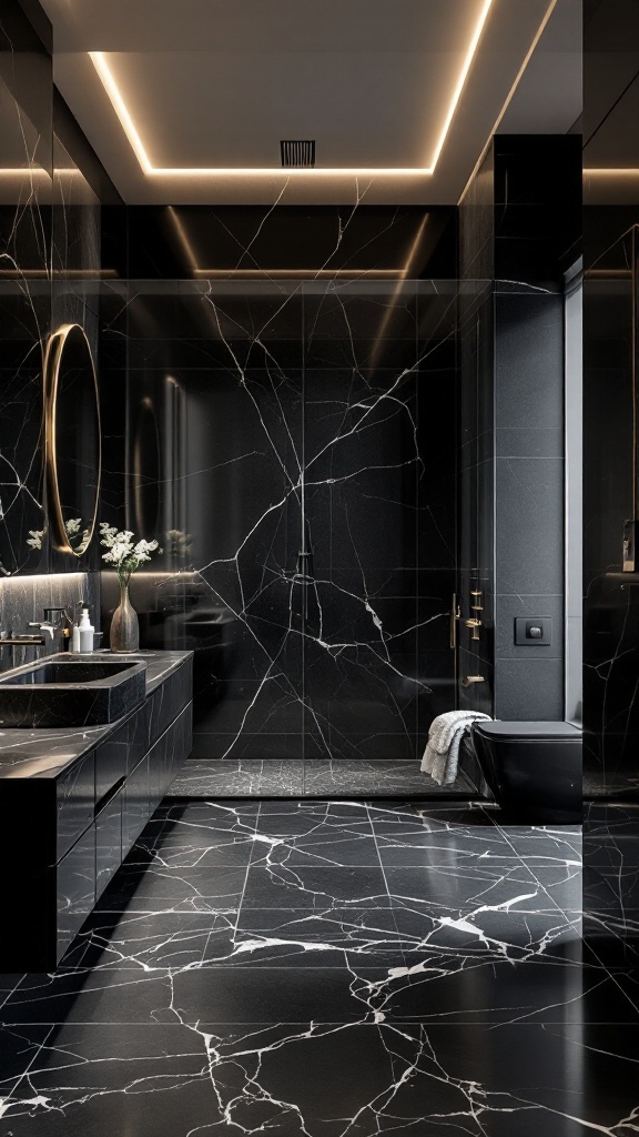 A modern black marble bathroom with elegant fixtures and seamless design.