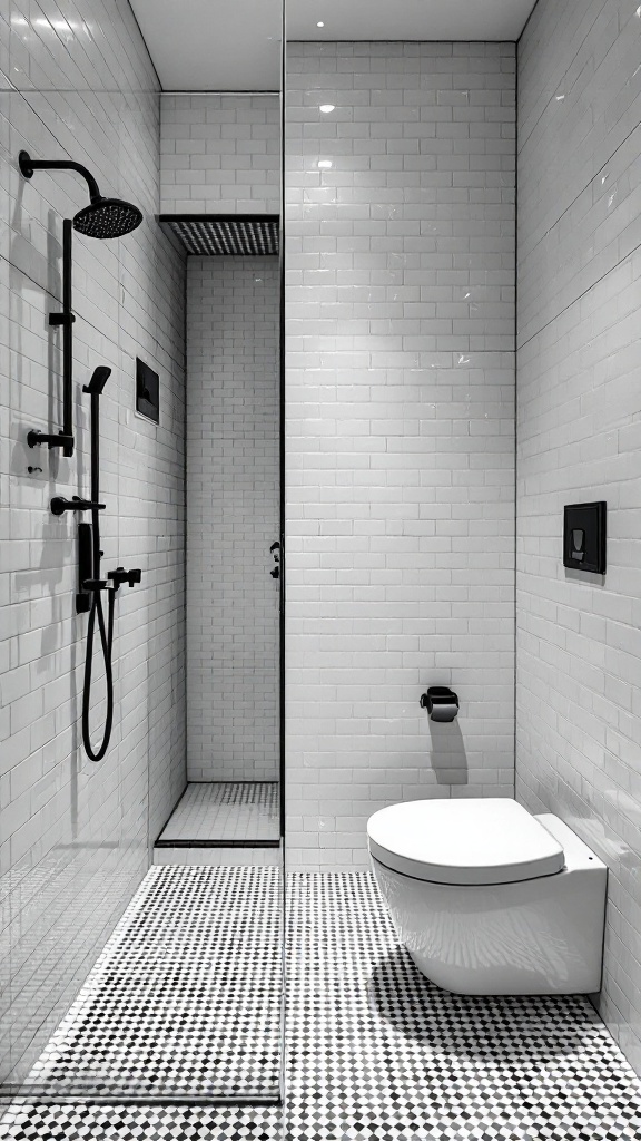 A modern small bathroom featuring black and white tiles with a shower area and sleek fixtures.