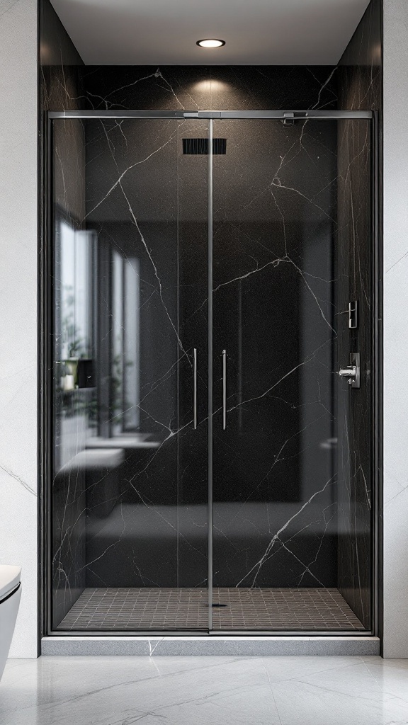 A modern shower enclosure featuring black marble walls and glass doors.