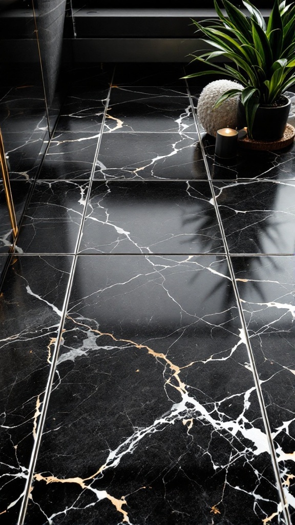 Stylish black marble tiles with white and golden veining in a modern bathroom setting