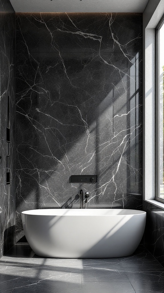 A stylish bathroom featuring textured black marble walls and a white bathtub.