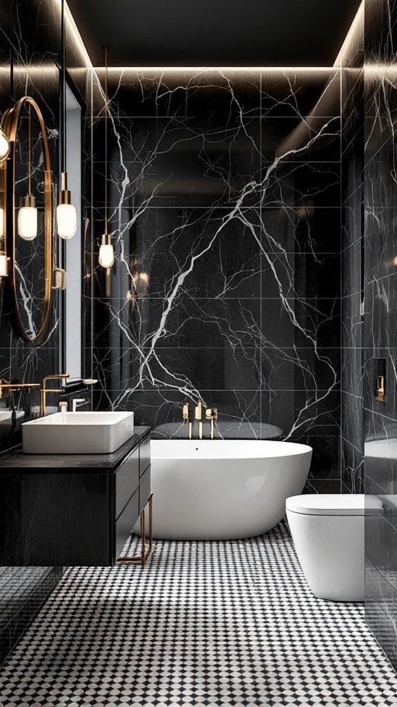 A stylish black and white tiled bathroom featuring marble walls and a modern design