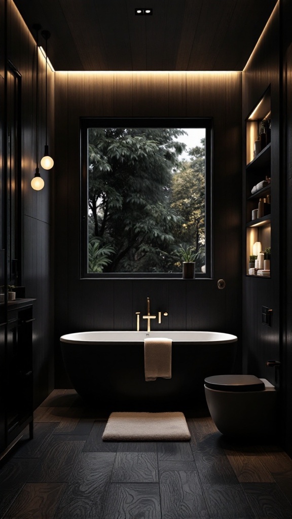 A modern black and wood bathroom featuring ambient lighting, a freestanding bathtub, and a window view.