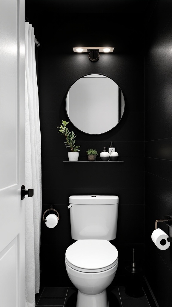 A small black bathroom featuring a white toilet, round mirror, and shelf with plants.