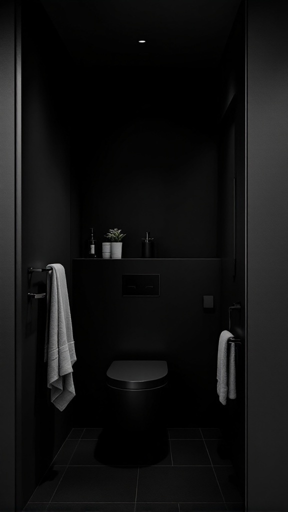 A small black bathroom featuring minimalist design with black walls, a modern toilet, and a small plant.